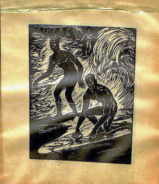 Woodblock engraving of surfers