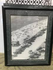 Framed Photo: B&W Old Surf Cars at Beach