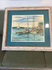 Water color painting - sailboats in tropical setting