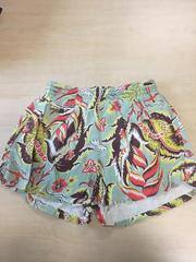 1940 Rayon Elastic Waist Printed Shorts, Duke Brand (light green with brown, red, and yellow print)