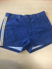 1970 Reyn Spooner Board Shorts  (navy blue w/ yellow white and red stripes down sides)