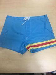 1970 Kanvas by Katin Surf Trunks (blue with yellow and red stripes)