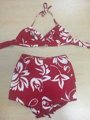 1920/60 Womens Cotton Swimsuits (two pieces; red and white floral)