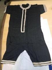 Late 19th, Early 20th Century Cotton 1 Piece Bathing Suit, Wood Buttons, Black W. White Canvas.