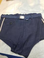 Soft Cotton/Canvas Swim Shorts, Wool Belt with Brass Buckle, single button pocket. Navy