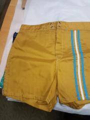 Robert Bruce TnT "Tailored and Tapered" Nylon Board Shorts, Gold, 4 eyelet and Zipper, Missing laces, Three Stripe Blue/ White, 36