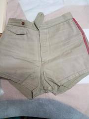 Linns Hawaiian Sportswear, Chuck Quinn Swim Shorts, Canvas, Button Fly, Khaki Red Stripe,