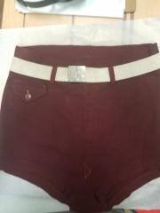 1920's-30s era Wikies Mens Swim Shorts. Wool. Maroon. Canvas Stripe. Canvas Belt with Wikies buckle.