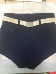 1920's-30s era Gantner Wikies Mens Swim shorts. Cable-knit wool (or similar texture). Blue. Canvas Belt w. wikies buckle.