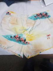 Hang Ten Swim Shorts, 70s style, Elastic and drawstring, island-ocean scene, yellow/white/green/red