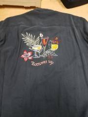 Luau "Bottoms Up" Hawaiian-ish Shirt, probably mid-90s Swingers aesthetic, Martini stitched logos on front, cocktails on reverse. Black/Dark Grey