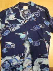 Hawaiian Shirt, Unknown Brand, Japanese clouds and dragons design, Navy/Blue/Red, M