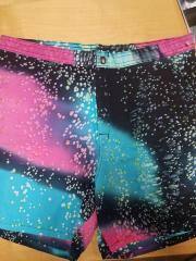 Surfers Alliance Board Shorts, Teal/Pink/Black bleach spatter pattern. 32.