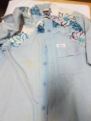 Surf Line Hawaii Aloha Shirt, Baja Model 1965/66. Short Sleeve. Blue, Blue aloha pattern.