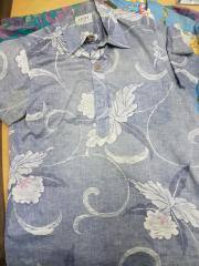 His Royal Highness (HRH) Aloha Shirt, button up, polo neck, blue/white, wood buttons