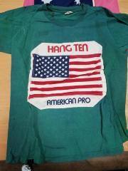 Hang Ten American Pro T-Shirt, Green. American flag applique. 
Tiger Makin, 1972, 7th in sharpie.