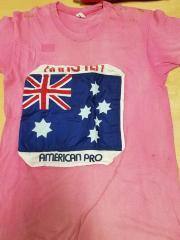 Hang Ten American Pro T-Shirt, Pink. American flag applique. 
PT 1972, 3d. in sharpie.