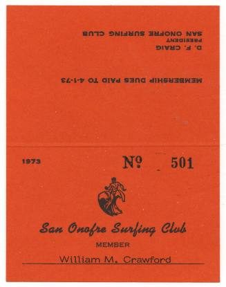 San Onofre Surfing Club 1973 Decal # 501 & San Onofre Surfing Club Membership Card 1973 # 501