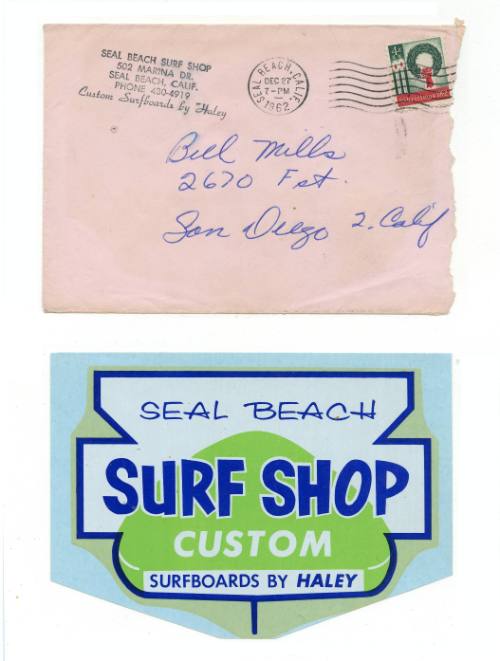 Seal Beach Surf Shop Surfboard by Haley Decal w/ Envelope with return address Seal Beach Surf Shop Postmark Seal Beach 4¢ Stamp