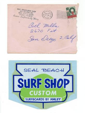 Seal Beach Surf Shop Surfboard by Haley Decal w/ Envelope with return address Seal Beach Surf Shop Postmark Seal Beach 4¢ Stamp