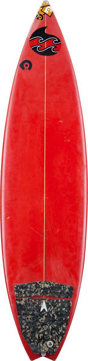 Foam, thruster. This board was ridden by Sanoe in the film "Blue Crush" and was featured in the "Women Who Surf" exhibit in HB. 6'; 18" wide; 2" thick; 10.75" nose; 13.5" tail; 4 lbs