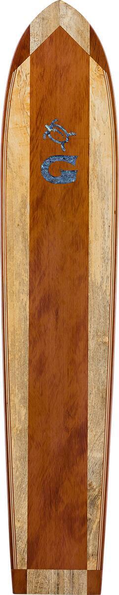 Kiko replica board. Old growth clear vertical grain redwood and Wili Wili. Abalone inlay of a turtle and the letter 'G' on deck