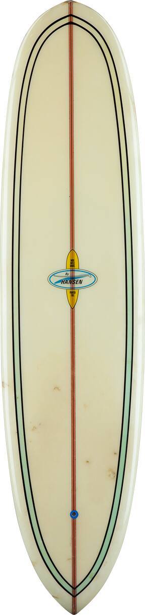 Mike Doyle model. Foam; single fin --removable

Pointed tail; Red stringer; Light green outer rail trim fades up.